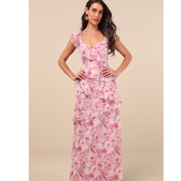 New Lulus Evangeline Backless Pink Floral Ruffled Maxi Dress - Size M - Picture 1 of 5